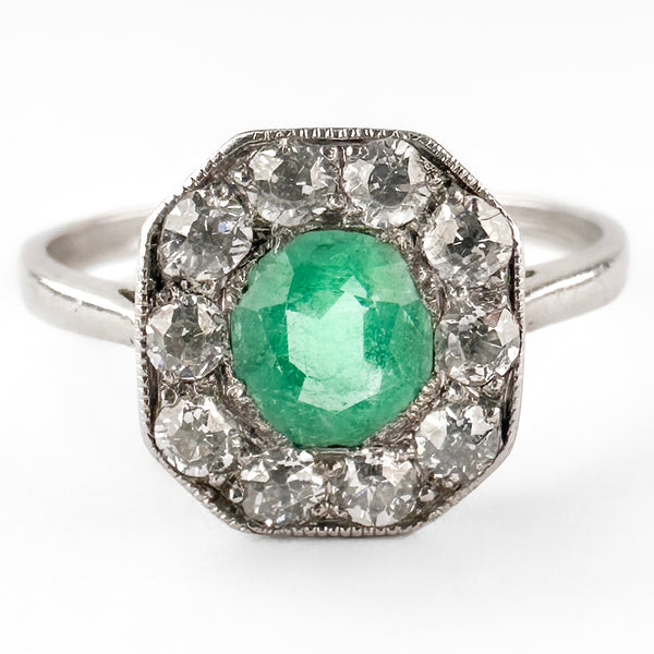 Edwardian Antique Emerald and Diamond Cluster Engagement Ring in Platinum