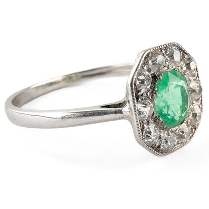 Edwardian Antique Emerald and Diamond Cluster Engagement Ring in Platinum