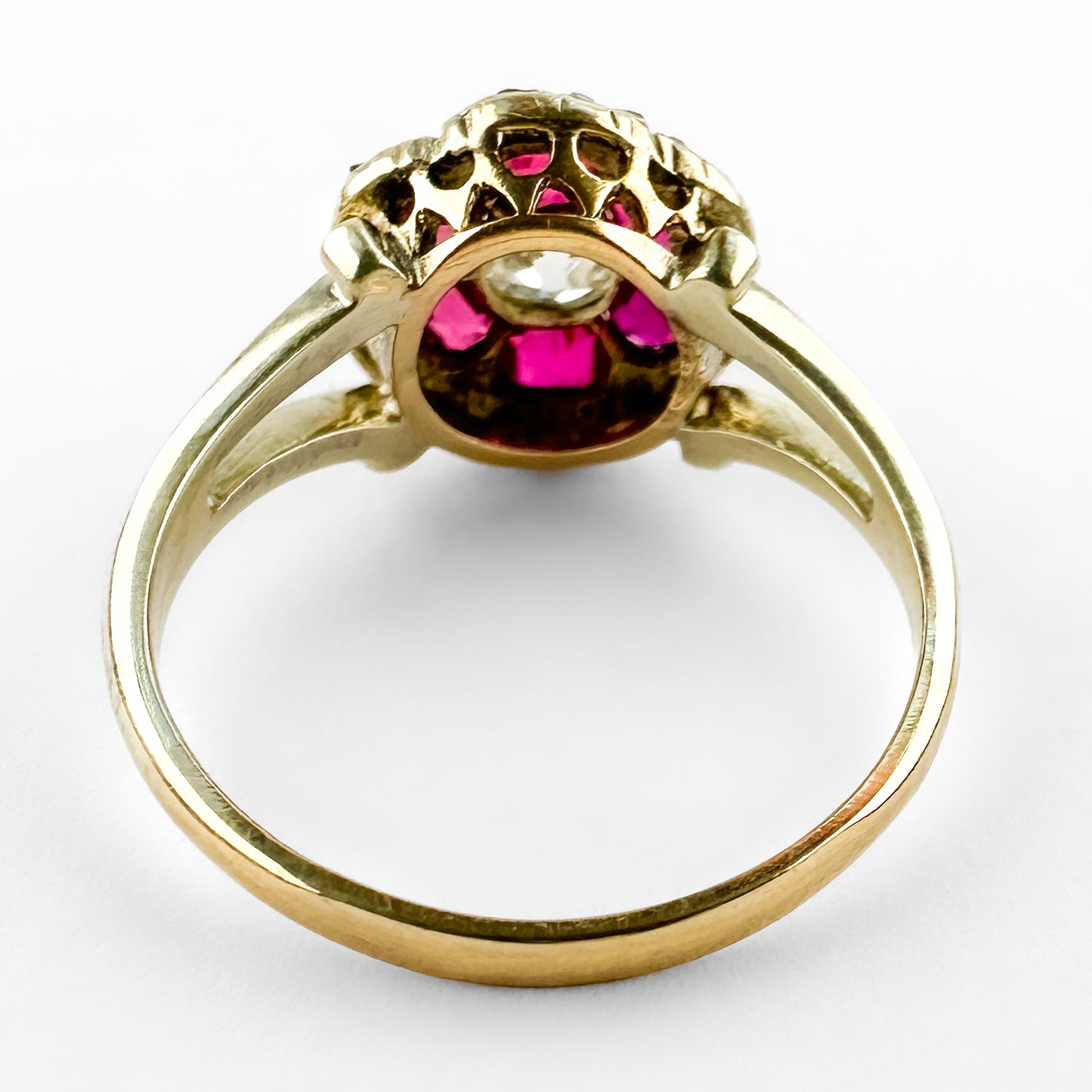 Victorian Antique Old Mine Cut Diamond and Burma Ruby Hexagonal Flower Cluster Engagement Ring