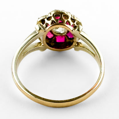 Victorian Antique Old Mine Cut Diamond and Burma Ruby Hexagonal Flower Cluster Engagement Ring