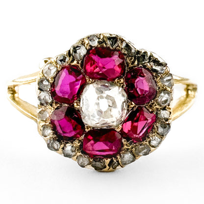 Victorian Antique Old Mine Cut Diamond and Burma Ruby Hexagonal Flower Cluster Engagement Ring