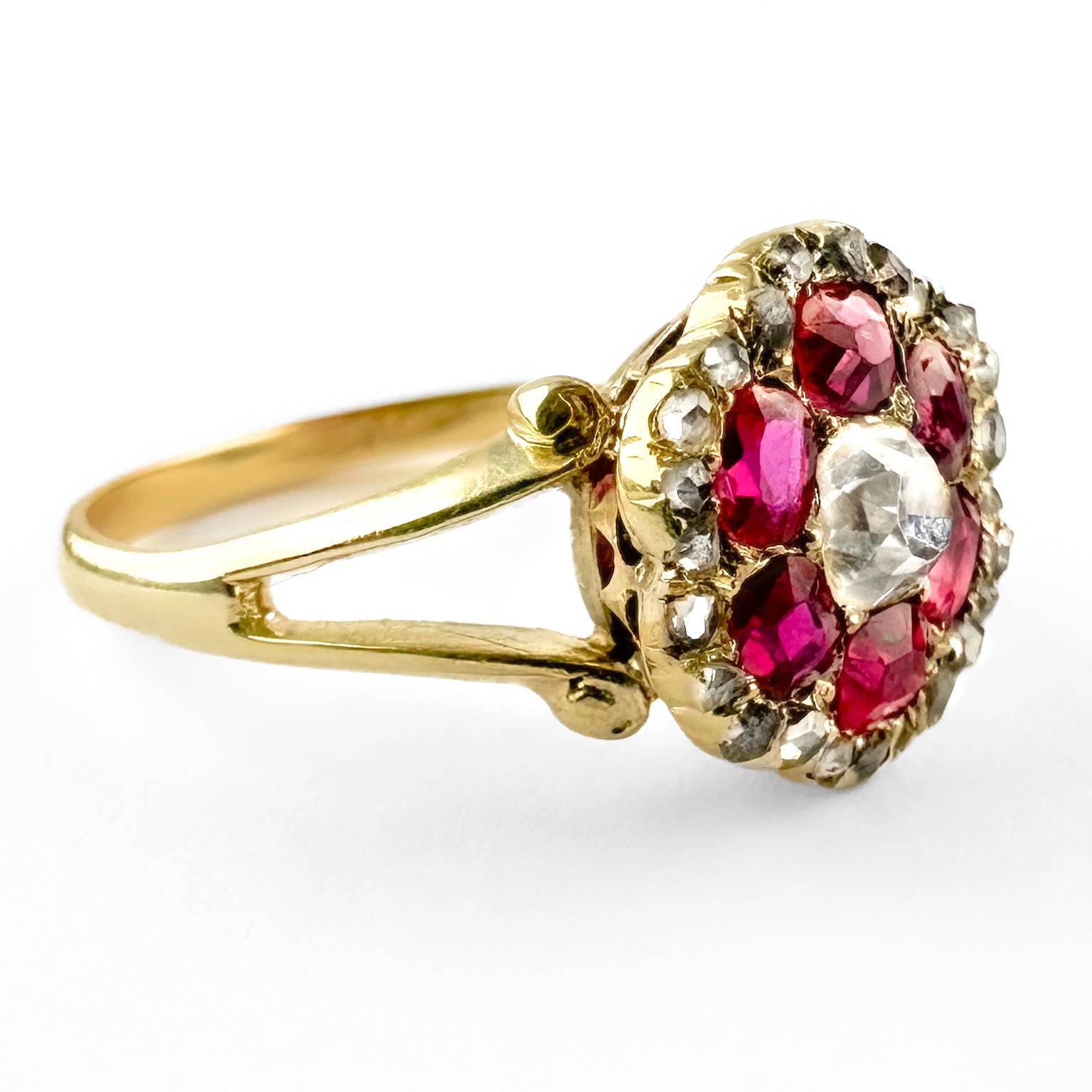 Victorian Antique Old Mine Cut Diamond and Burma Ruby Hexagonal Flower Cluster Engagement Ring