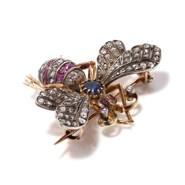 Antique Victorian Rose Cut Diamond, Ruby and Sapphire Insect Brooch