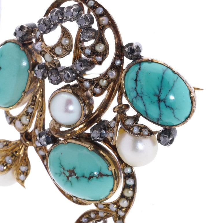 Antique Portuguese Turquoise Pearl and Diamond Pendant Brooch