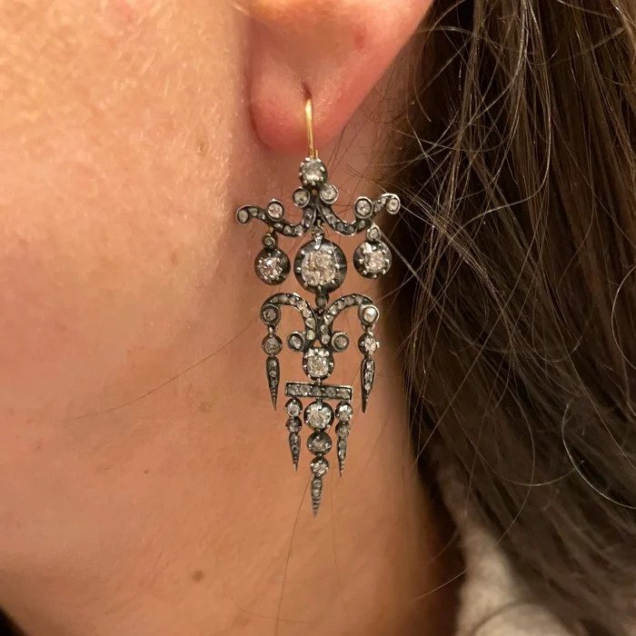 Antique Victorian Old Cut Diamond Chandelier Earrings, 5 carats