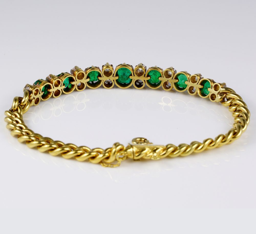 Antique Victorian 6ct Colombian Emerald and Diamond Set Curb Bracelet