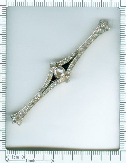 Vintage Art Deco Rose Cut Diamond and Onyx Bar Brooch, 18ct Gold