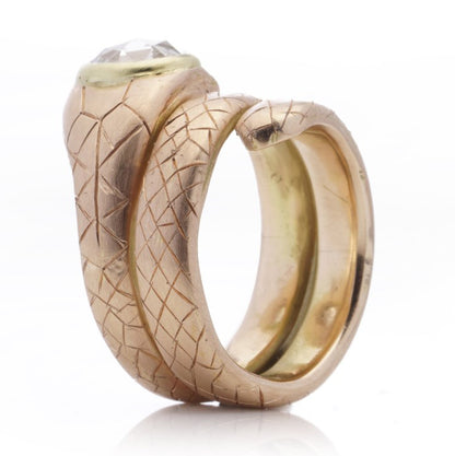 Antique 18ct Yellow Gold Coiled Snake Ring with 1.90ct Rose Cut Diamond Head