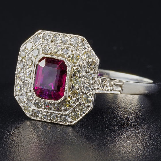 Art Deco 1.15ct Natural Siam Ruby and Diamond Octagonal Double Cluster Ring