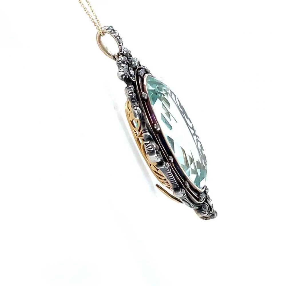 Antique Victorian 75ct Aquamarine Pendant with Blue Enamel and Rose Cut Diamonds