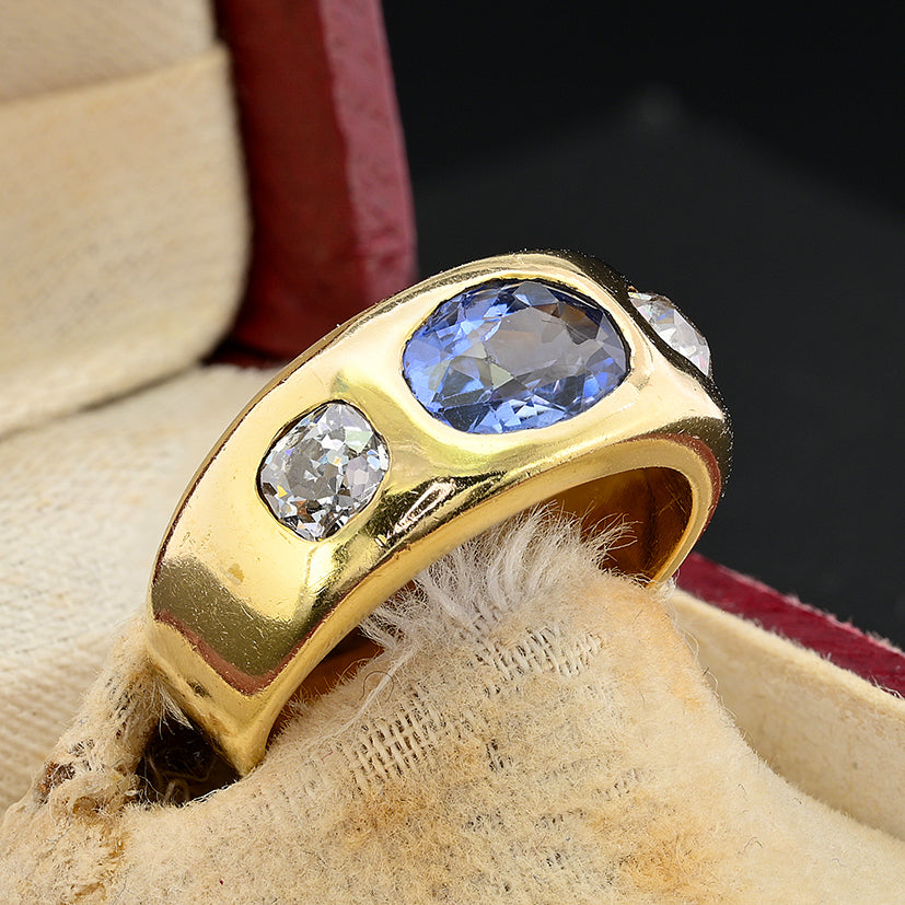 Vintage Certified 2.10ct Ceylon No Heat Sapphire and Diamond Three Stone Gypsy Ring in Chunky 18ct Yellow Gold Band