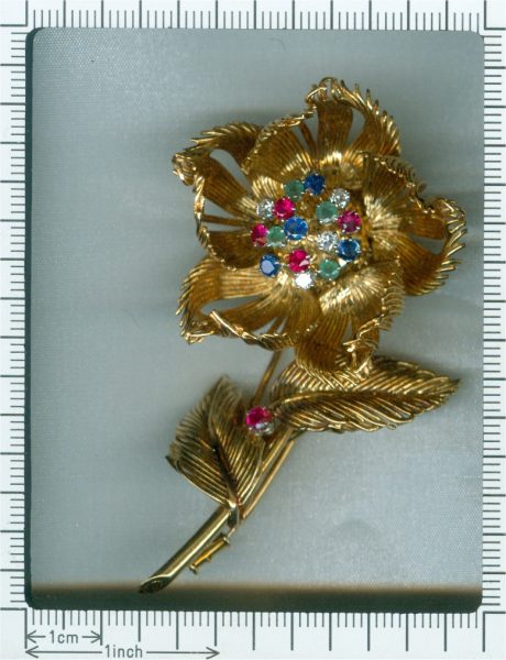 Vintage Cartier Diamond Ruby Sapphire Emerald Flower Brooch, 1950's