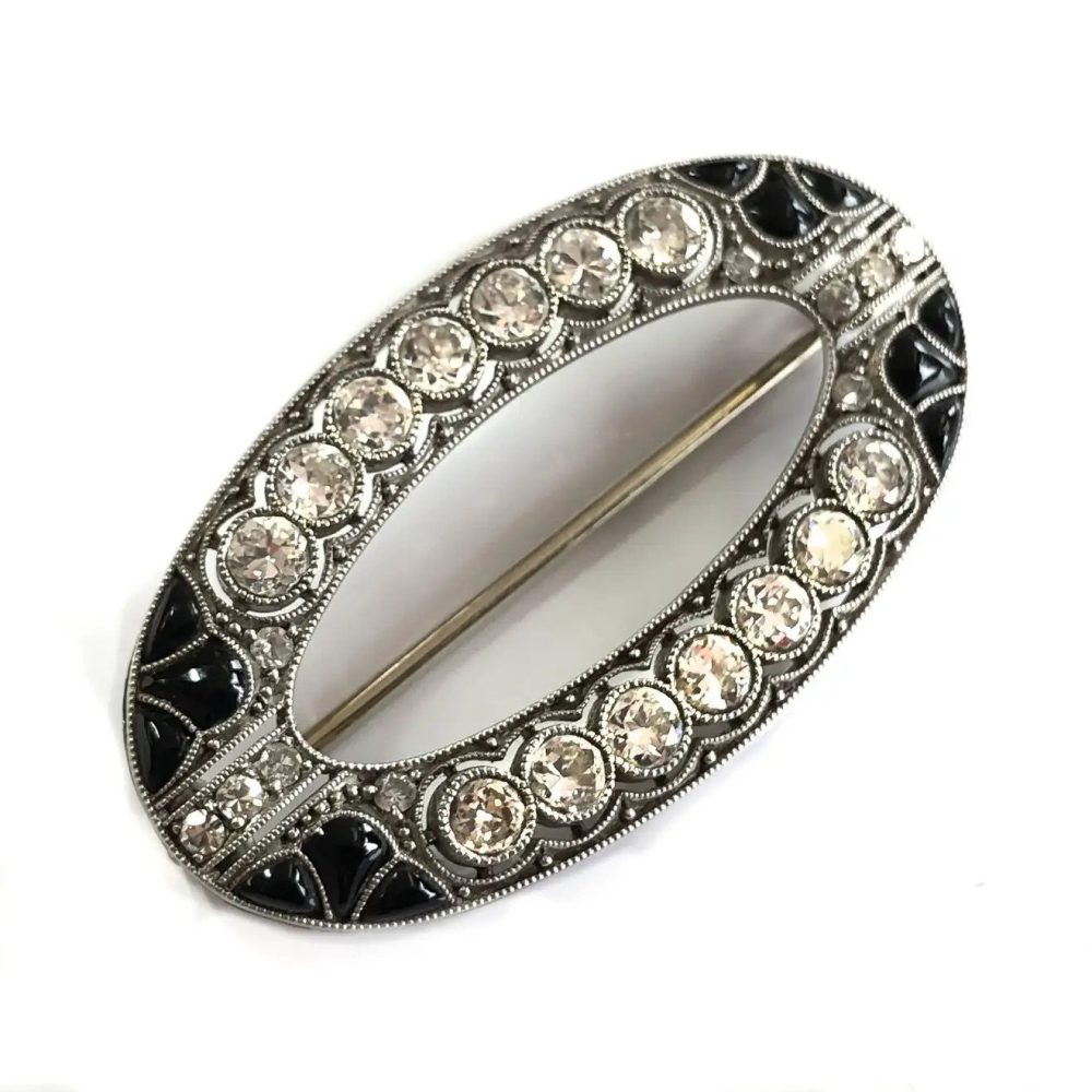 Art Deco 2ctS Diamond and Onyx Oval Brooch