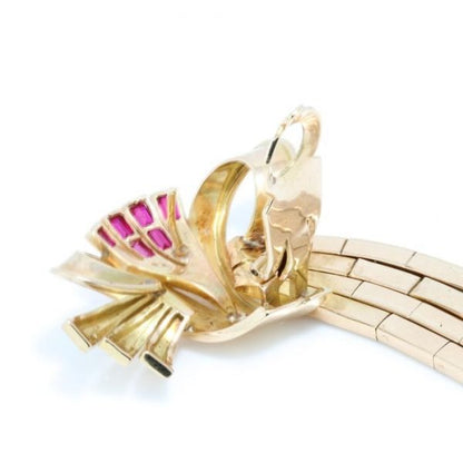 Vintage 18ct Yellow Gold Bow Spray Drop Earrings with Rubies, Circa 1950s-1970s