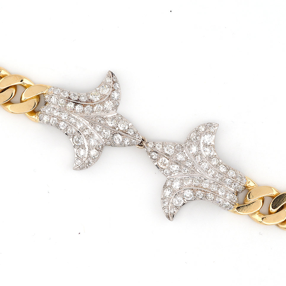 Vintage Italian 1940s Retro Diamond Set Gold and Platinum Curb Link Necklace with Fleur de Lys, 13.30 carat total
