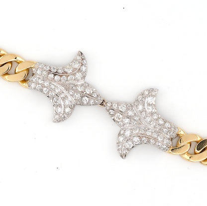 Vintage Italian 1940s Retro Diamond Set Gold and Platinum Curb Link Necklace with Fleur de Lys, 13.30 carat total