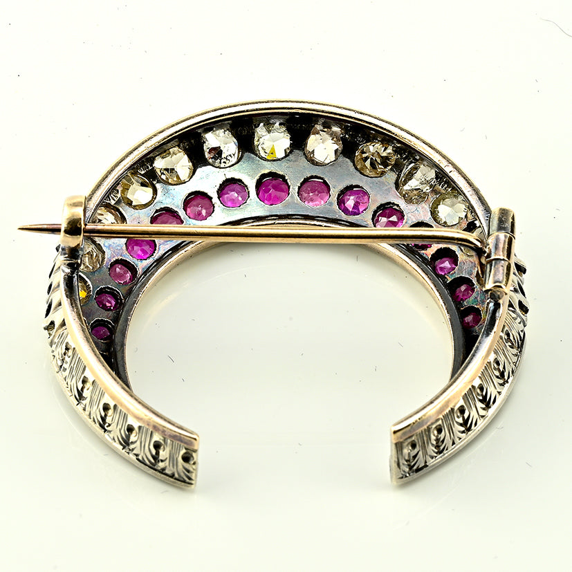 Victorian Antique 3.10ct Old Cut Diamond and Ruby Crescent Moon Brooch