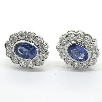 1.10ct Oval Sapphire and Diamond Cluster Earrings