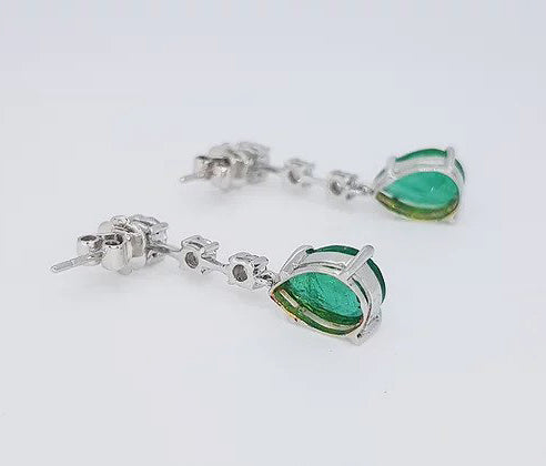 3.95ct Pear Shaped Emerald and Diamond Drop Earrings, 18ct White Gold