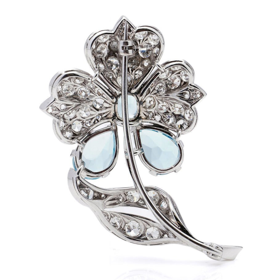 Vintage 3.75ct Aquamarine and Diamond Floral Brooch in Platinum
