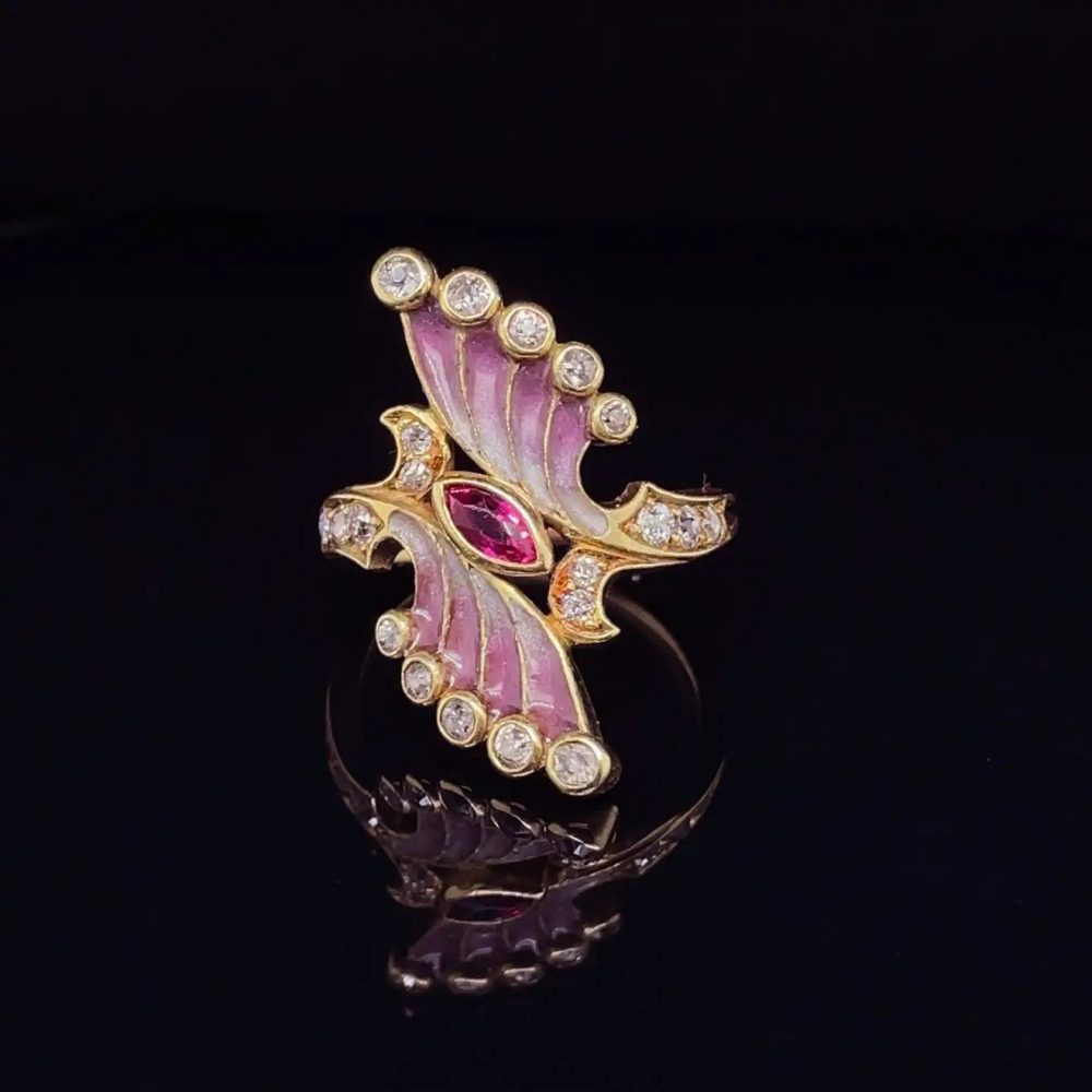 Art Nouveau Pink Plique a Jour Enamel Ruby and Diamond Ring