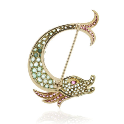 Vintage 5ct Cabochon Emerald Fish Brooch with Rubies