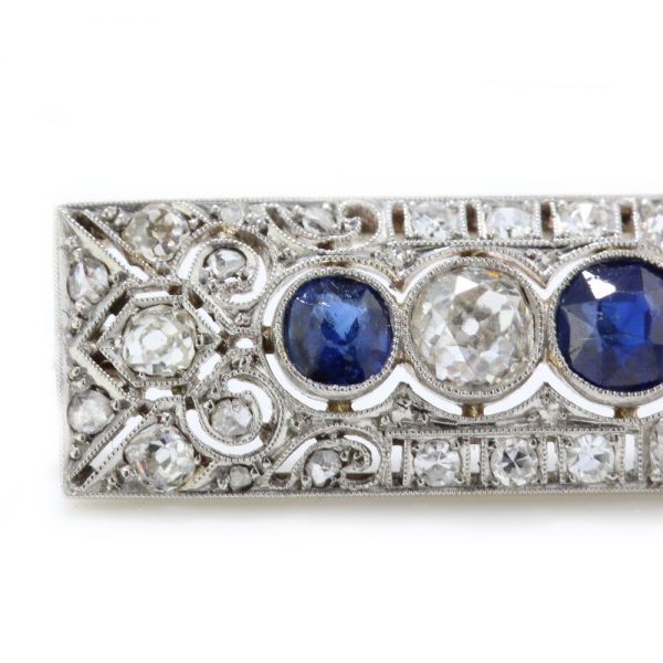 Art Deco Old Cut Diamond, Sapphire and Platinum Brooch