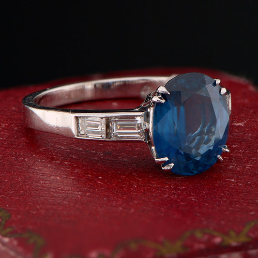 3.31ct Natural No Heat Sapphire Solitaire Engagement Ring with Baguette Diamond Shoulders