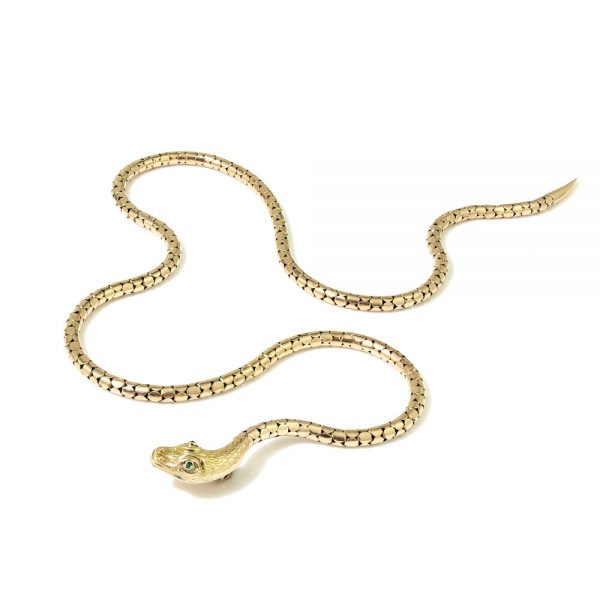 Antique Victorian Gold Snake Necklace with Green Tourmaline Eyes, Circa 1860s