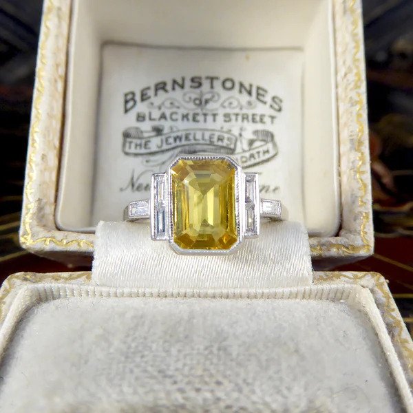 Art Deco Inspired 2.05ct Yellow Sapphire and Baguette Diamond Engagement Ring in Platinum