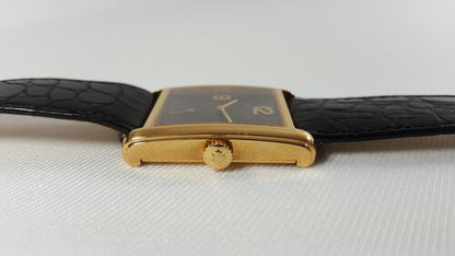 Patek Philippe 5014J Gondolo 18ct Yellow Gold 28mm Manual, black dial, Arabic numerals, small seconds sub-dial at 6, sapphire crystal, leather strap with 18ct yellow gold buckle, Circa 2003, with Original Papers