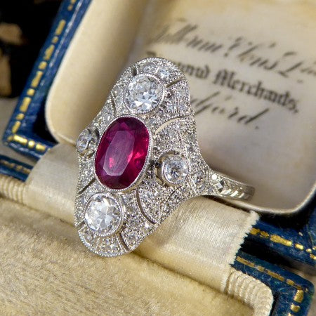 Art Deco Style Ruby and Diamond Navette Plaque Ring, 1.50cts, Platinum