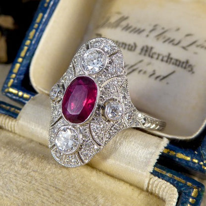 Art Deco Style Ruby and Diamond Navette Plaque Ring, 1.50cts, Platinum