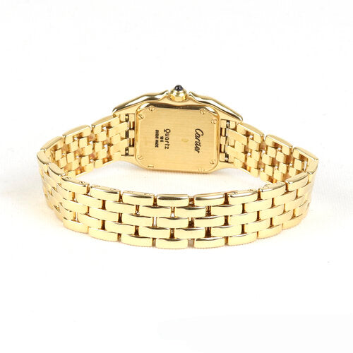 Cartier Panthère Ladies 18ct Yellow Gold 22mm Quartz Bracelet Watch, square white dial, Roman numerals, blue steel hands, sapphire glass, blue cabochon gem set crown, 18ct yellow gold bracelet with concealed double deployant clasp