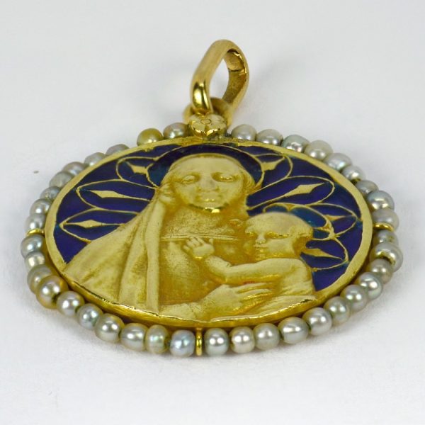 Madonna and Child 18ct Gold Pendant with Pearls and Blue Enamel