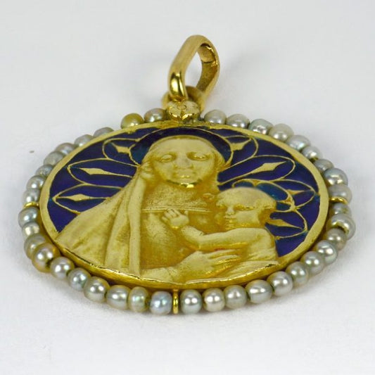 Madonna and Child 18ct Gold Pendant with Pearls and Blue Enamel