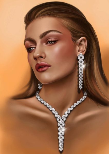 Contemporary Rose Cut Diamond Long Drop Necklace; set with oval rose-cut round brilliant-cut diamonds, 16.34 carat total, in 18ct white gold