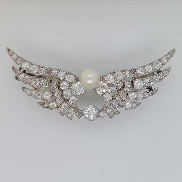 Antique Certified Natural Pearl and Diamond Wing Brooch