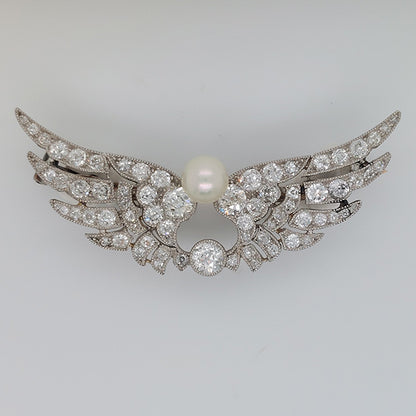 Antique Certified Natural Pearl and Diamond Wing Brooch