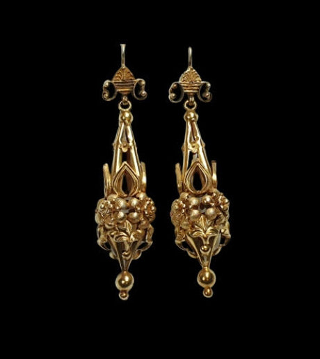 Antique Basket Weave 18ct Yellow Gold Drop Earrings; constructed of detailed yet light gold work which is 3D in 360 degrees. English, Circa 1840