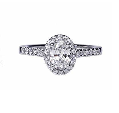 Diamond Oval Cluster Engagement Ring; GIA certified 0.50 carat F colour SI1 clarity oval faceted with diamond surround and diamond-set shoulders, in Platinum