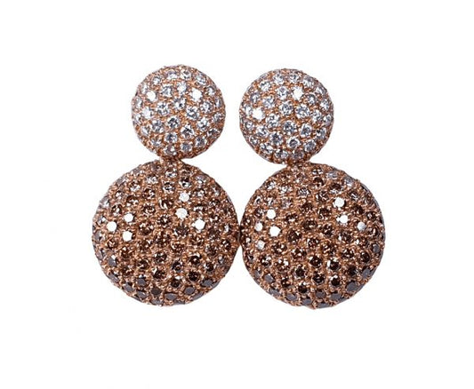 Contemporary Cognac and White Diamond Pave Drop Earrings; 3.00 carat total, white diamond set tops suspend drops set with rich cognac diamonds, in 18ct rose gold