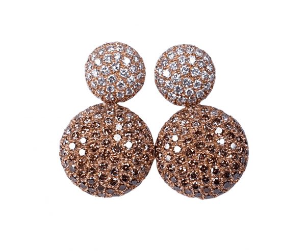 Contemporary Cognac and White Diamond Pave Drop Earrings; 3.00 carat total, white diamond set tops suspend drops set with rich cognac diamonds, in 18ct rose gold
