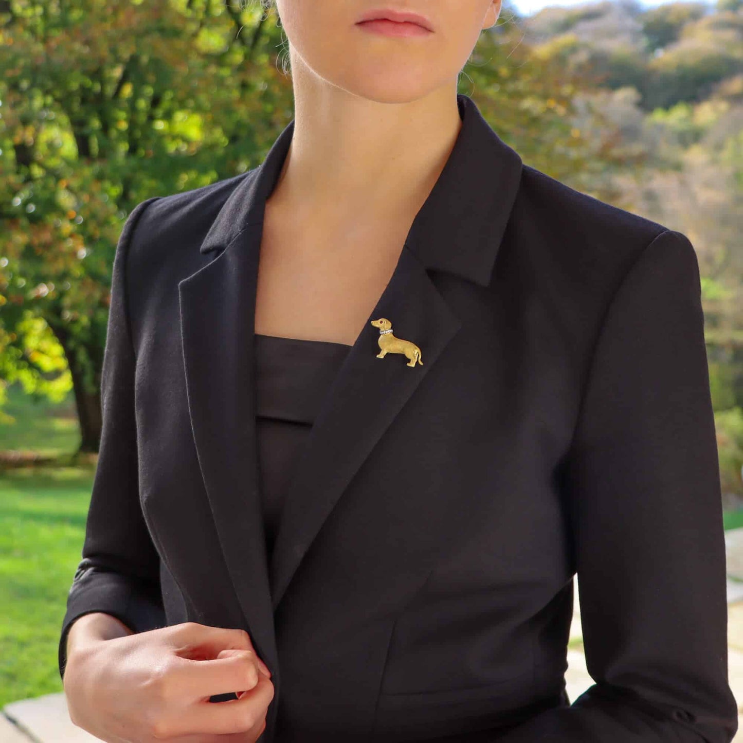 Diamond and Ruby Set Gold Dachshund Dog Brooch