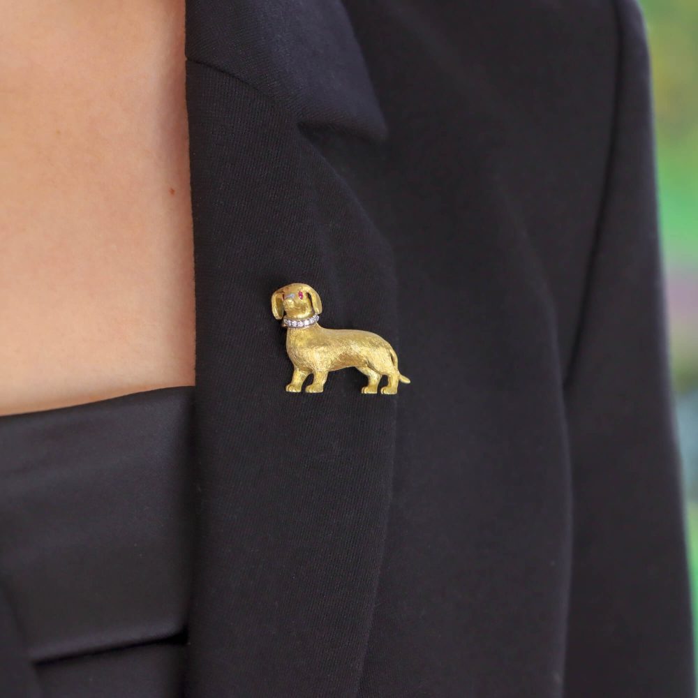 Diamond and Ruby Set Gold Dachshund Dog Brooch