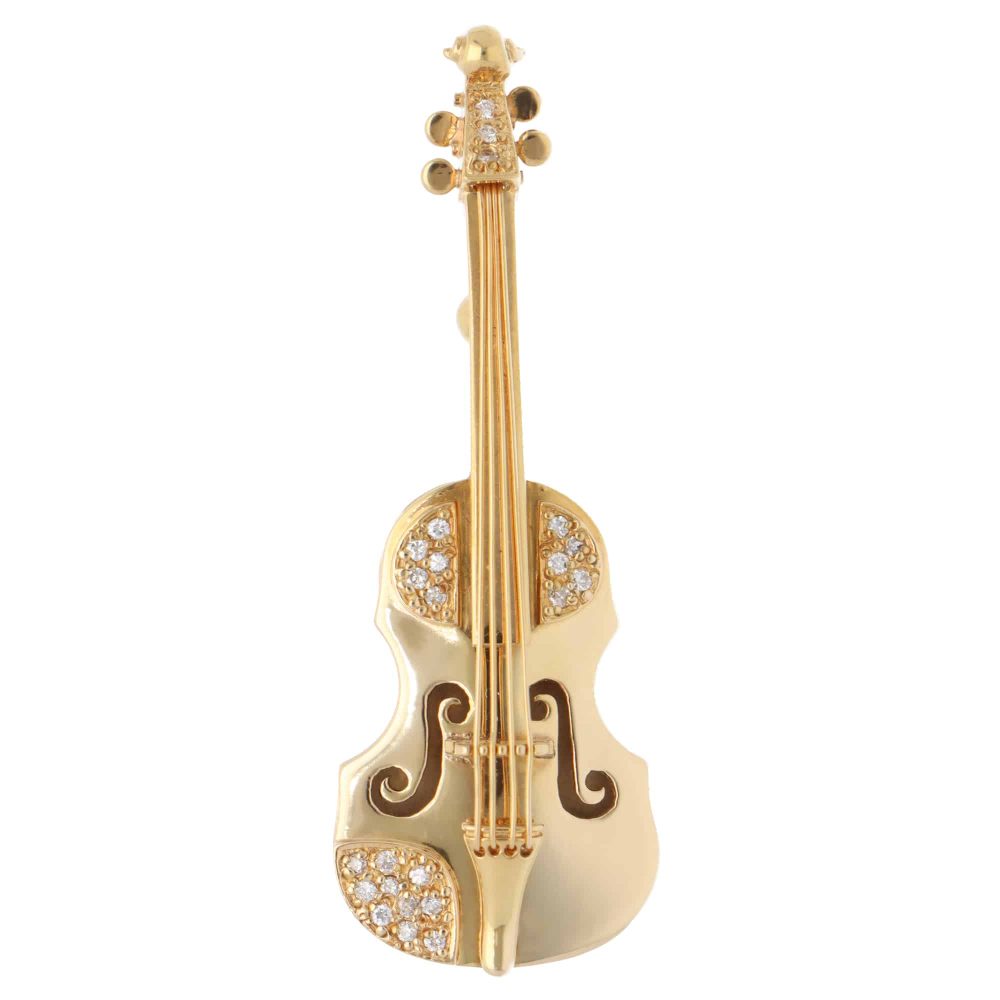 Vintage Diamond Violin Brooch in Yellow Gold
