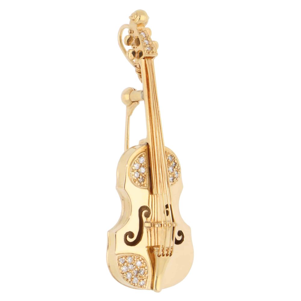 Vintage Diamond Violin Brooch in Yellow Gold