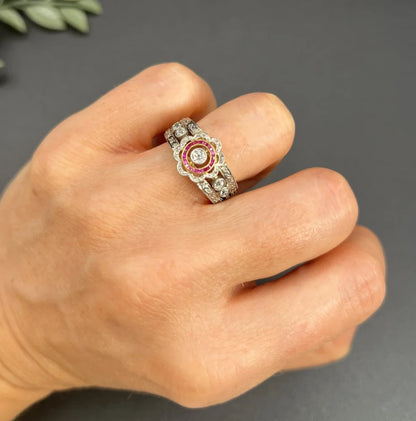 Antique 18 Carat Yellow Gold And Platinum Cocktail Ring With Diamonds And Rubies