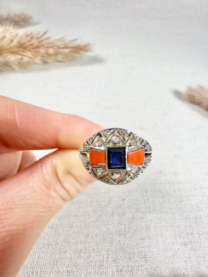 Antique 1920's Art Deco, 18 ct Gold And Platinum Sapphire, Coral And Diamond Dome Ring