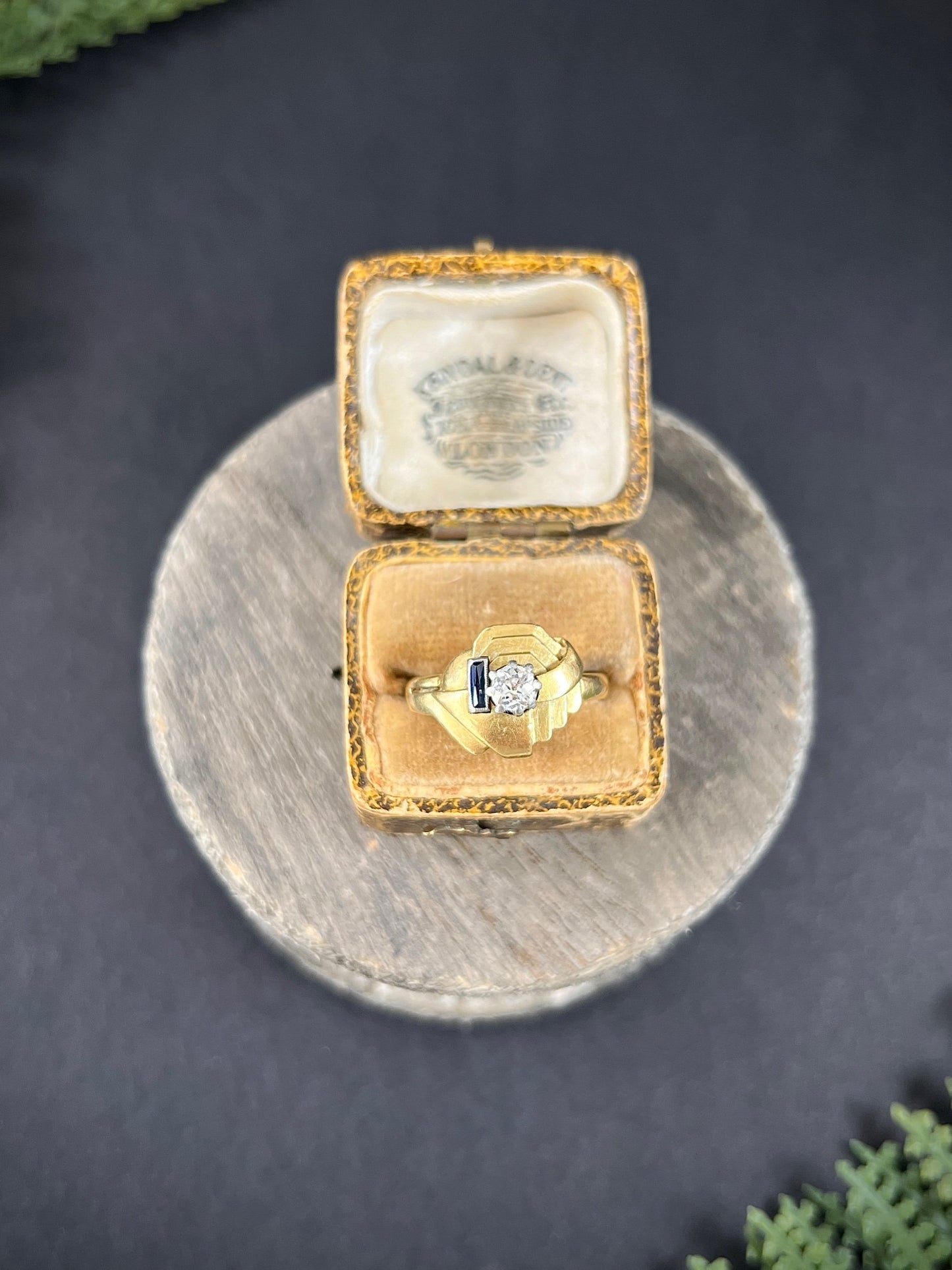 Art Deco 18 Carat Yellow Gold Sapphire and Diamond Geometric Ring, Circa 1920
